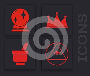 Set Masons, Magic ball, Crown and Magic mortar and pestle icon. Vector.