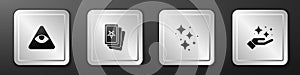 Set Masons, Three tarot cards, Sparkle stars with magic and trick icon. Silver square button. Vector