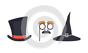 Set of Masquerade Party Costume Accessories, Witch Hat, Black Top Hat, Mustache and Glasses Mask Cartoon Vector