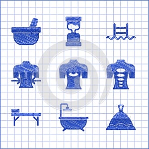 Set Massage with aroma oils, Bathtub, Sauna hat, stone therapy, table, Swimming pool ladder and Mortar and pestle icon
