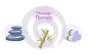 Set with massage wellness icons of spa stones, bamboo, hot rolled towels. Relaxation therapy concept with logo design