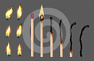 Set of match sticks with burning sequence. Wooden matches in different stages burning and glowing red, blown out and