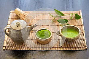 Set of matcha powder bowl wooden spoon and whisk green tea leaf