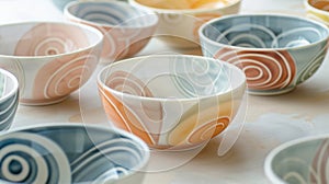 A set of matching ceramic bowls with a handdrawn pattern of overlapping circles in pastel hues.