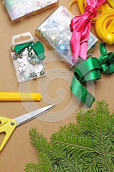 set of materials and tools for decorating Christmas tree branches