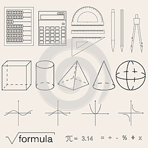 Set of math icons. Linear style. Knowledge of math and geometry.
