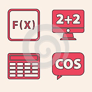 Set Mathematics function cosine, Function mathematical symbol, Equation solution and Calculator icon. Vector