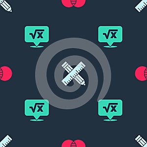 Set Mathematics sets A and B, Crossed ruler pencil and Square root of x glyph on seamless pattern. Vector