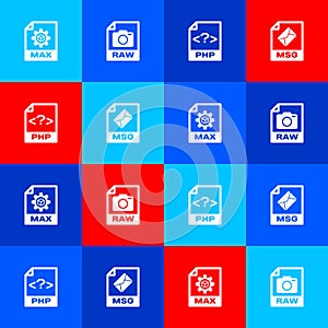 Set MAX file document, RAW, PHP and MSG icon. Vector