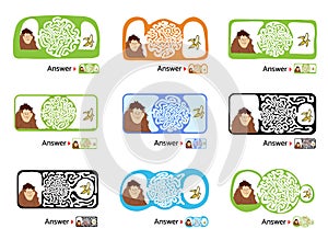 Set of maze puzzle for kids with monkey and banana. Labyrinth illustration, solution included.