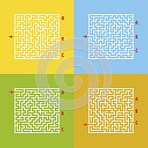 A set of mazes. Game for kids. Puzzle for children. Maze conundrum. Cartoon style. Visual worksheets. Activity page. Color vector