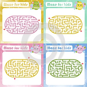 A set of mazes. Game for kids. Puzzle for children. Maze conundrum. Cartoon style. Visual worksheets. Activity page. Color vector