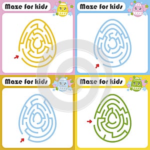 A set of mazes. Game for kids. Puzzle for children. Maze conundrum. Cartoon style. Visual worksheets. Activity page. Color vector