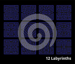 Set of 12 mazes for video games. Vintage 2D retro labyrinths with coins for a man. Vector photo