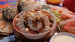 a set meal of Egyptian food. Koshari and falafel.