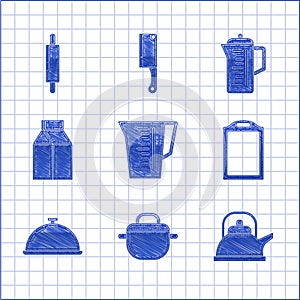 Set Measuring cup, Cooking pot, Kettle with handle, Cutting board, Covered tray of food, Paper package for milk, Teapot