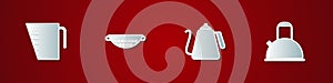 Set Measuring cup, Kitchen colander, Kettle with handle and icon. Vector