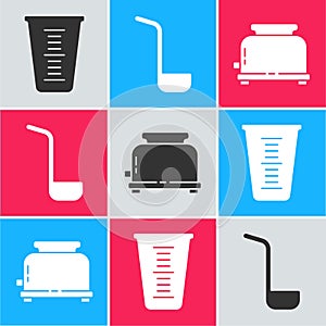 Set Measuring cup, Kitchen ladle and Toaster icon. Vector