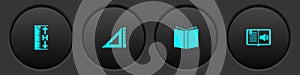 Set Measuring height and length, Triangular ruler, Open book and Audio icon. Vector