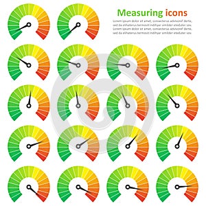 Set of measuring icons on a white background. Speedometer icons set