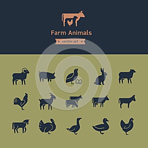 Set of meat animals icons with animals in profile. Vector collection made in retro style.