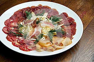 Set of meat antipasti - sliced salami, ham, boiled pork and basturma on a white plate on a wooden background. Beer snack