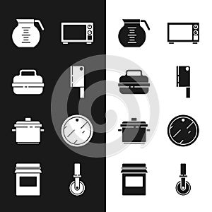 Set Meat chopper, Cooking pot, Coffee, Microwave oven, Cutting board, Pizza knife and Jam jar icon. Vector