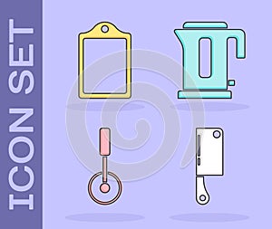 Set Meat chopper, Cutting board, Pizza knife and Electric kettle icon. Vector