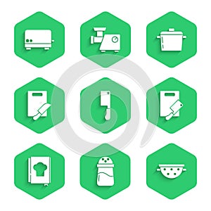Set Meat chopper, Salt, Kitchen colander, Cutting board meat, Cookbook, knife, Cooking pot and Toaster icon. Vector