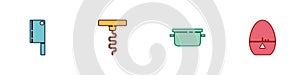 Set Meat chopper, Wine corkscrew, Cooking pot and Kitchen timer icon. Vector