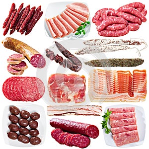 Set of meat delicacies and sausages isolated on white