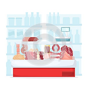 Set of meat product on supermarket fridge. Food store interior Sausege, chiken, bacon, ham and beef. Cartoon vector