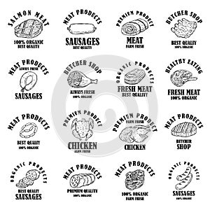 Set of meat products labels. Design element for poster, logo, emblems, sign.