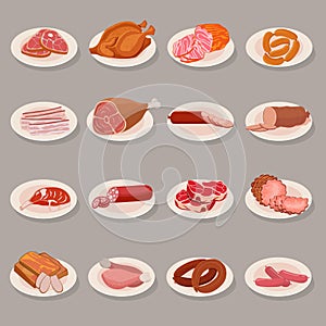 Set of meat products on a plate. Roast chicken and prime rib, sausage, salami and ham