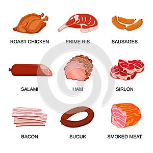 Set of meat products. Roast chicken and prime rib, sausage, salami and ham, sirlon, bacon, sucuk and smoked meat