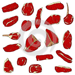 Set of meat steaks. Vector cartoon illustrations. Isolated objects on white.