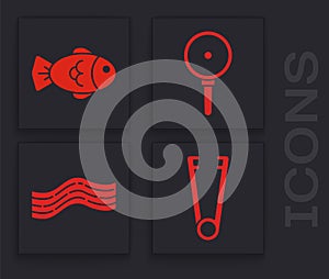 Set Meat tongs, Fish, Frying pan and Bacon stripe icon. Vector