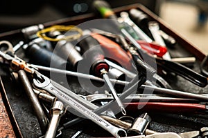 Set of mechanic tools on metal tray