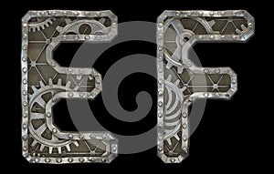 Set of mechanical alphabet made from rivet metal with gears on black background. Letters E and F. 3D