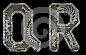 Set of mechanical alphabet made from rivet metal with gears on black background. Letters Q and R. 3D