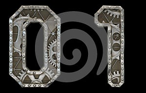 Set of mechanical alphabet made from rivet metal with gears on black background. Numbers 0, 1. 3D