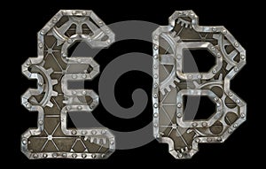 Set of mechanical alphabet made from rivet metal with gears on black background. Symbol lira and baht. 3D