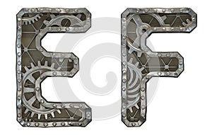 Set of mechanical alphabet made from rivet metal with gears on white background. Letters E and F. 3D