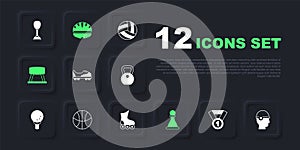 Set Medal, Baseball helmet, Football shoes, Chess, Pommel horse, Basketball, Bicycle and Roller skate icon. Vector