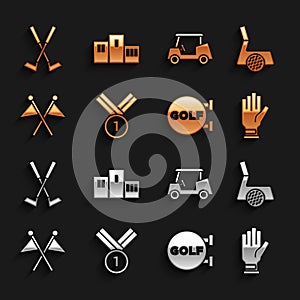 Set Medal golf, Golf club with ball, glove, sport, flag, car, Crossed and Award over sports winner podium icon. Vector