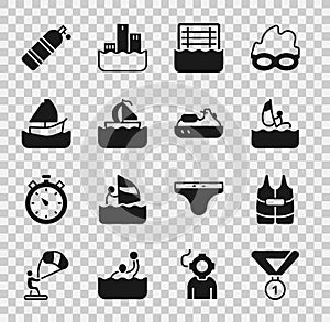 Set Medal, Life jacket, Windsurfing, Water polo, Yacht sailboat, Aqualung and Jet ski icon. Vector