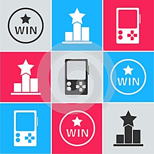 Set Medal, Star and Portable video game console icon. Vector