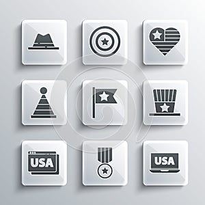 Set Medal with star, USA on laptop, Patriotic American hat, flag, browser, Party, Man ribbon and Independence day icon