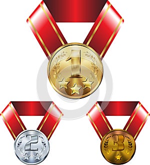 Set of medals, gold silver and bronze, on ribbons
