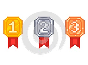 Set of medals with numbers in pixel art style. Vector illustration.